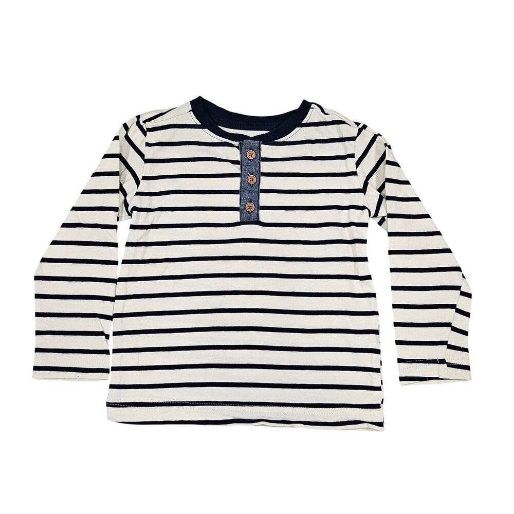 PEKKLE TODDLER LONG‑SLEEVE STRIPED HENLEY TOP – NAVY/WHITE – SIZE 2T